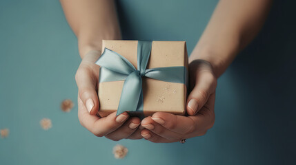 Female hands with natural manicure holding blue gift box with light golden ribbon on trendy beige background. Xmas and New Year postcard design. Black Friday sales, Birthday celebration party concept