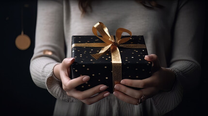 Nice female hands holding gift box wrapped in white paper with golden ribbon on festive dark...