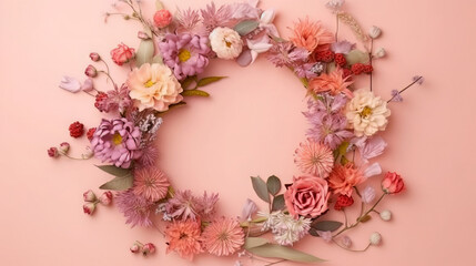 Naklejka na ściany i meble Different small flowers in a wreath on pink background with copy space. Abstract natural floral frame layout with text space. Romantic feminine flatlay. Wedding