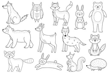 Cute forest animals set in black and white. Woodland characters outline collection with fox, bear, wolf, rabbit and others for coloring book. Vector illustration