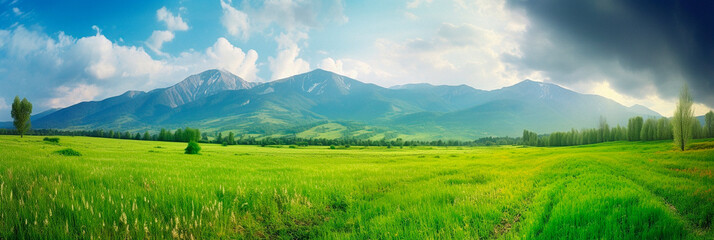 Fototapeta na wymiar summer panorama of the field and the blue sky in the mountains. High quality Generative AI