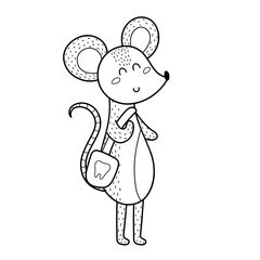 Tooth fairy mouse holding a bag. Fairytale cute character in black and white. Vector illustration