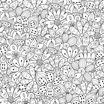 Doodle flowers black and white seamless pattern. Hand drawn floral background for coloring book. Vector illustration