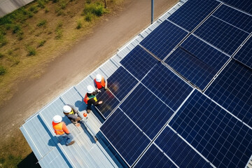 Aerial view of professional technicians installing photovoltaic system on roof,