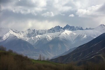Fototapeta premium majestic mountain range, with misty clouds and snow-capped peaks, created with generative ai