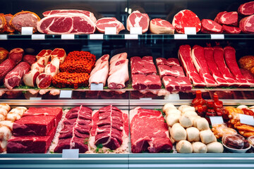 Different cuts of fresh raw red meat in supermarket, variety of prime meat steaks, angus, T-bone, ribeye, striploin, tomahawk on display in a grocery store meat counter. generative ai