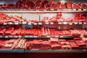 Selection of fresh raw red meat in supermarket, Different cuts of prime meat steaks, angus, T-bone, ribeye, striploin, tomahawk on display in a grocery store meat counter. generative ai
