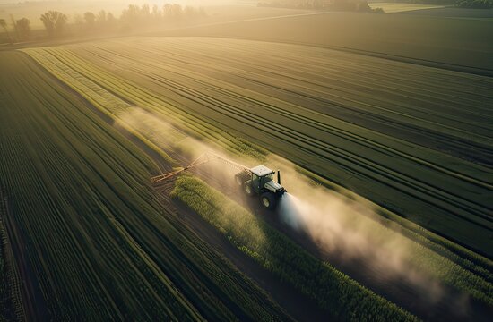 Aerial view of combine harvester. Harvest of rapeseed field. Industrial background on agricultural theme. Biofuel production from above. Agriculture and environment in European Union. Generative Ai.