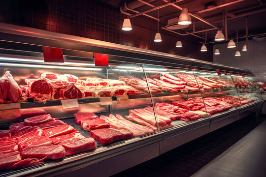 Variety of fresh raw red meat in supermarket, Different cuts of prime meat steaks, angus, T-bone, ribeye, striploin, tomahawk on display in a grocery store meat counter. generative ai