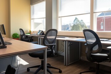 Fototapeta premium office space with ergonomic chairs and desks for productivity, created with generative ai
