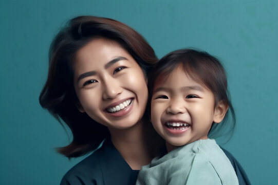 Asian Mid Mother And Her Daughter Smiling On A Blue Background