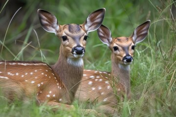 baby deer lying in grassy meadow, with its mother nearby, created with generative ai