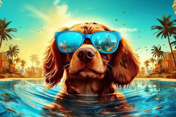 cute happy dog wearing sunglasses having fun with water on the beach, generative ai
