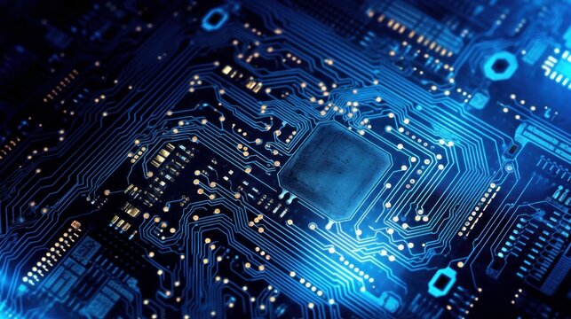 Circuit board background, blue light. Beautiful illustration picture. Generative AI