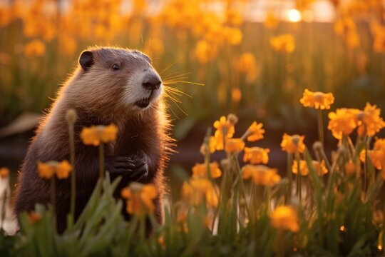 Realistic image of beaver that is in the meadow. Beautiful illustration picture. Generative AI
