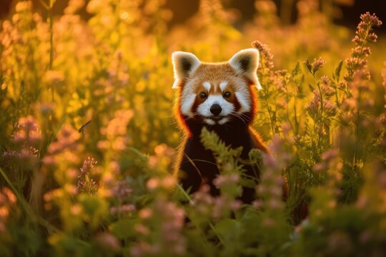 Realistic image of panda that is in the meadow. Beautiful illustration picture. Generative AI