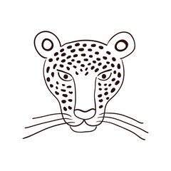 Cute jaguar face, portrait hand drawn cartoon character illustration, sketch. Line art, drawing style design, isolated vector. Tropical animal, jungle wildlife, big cats, safari, nature, print element