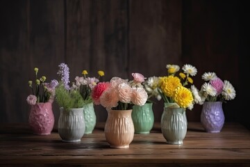 collection of pastel flowers in vase on wooden table, created with generative ai