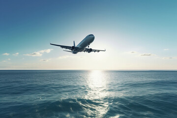 Fototapeta na wymiar Airplane flies over a sea