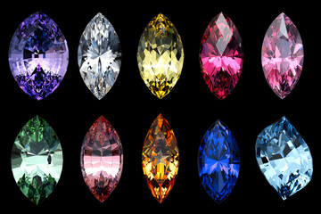 Various marquise-cut gemstones isolated on black background