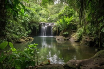 peaceful waterfall, surrounded by lush greenery, in serene and tranquil setting, created with generative ai