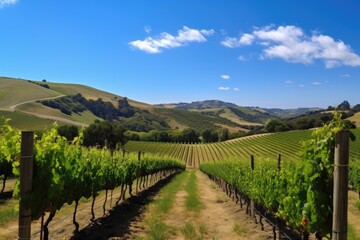 Fototapeta na wymiar vineyard with rolling hills and a clear blue sky, created with generative ai