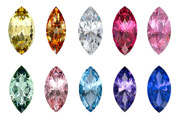 Various marquise-cut gemstones isolated on white background