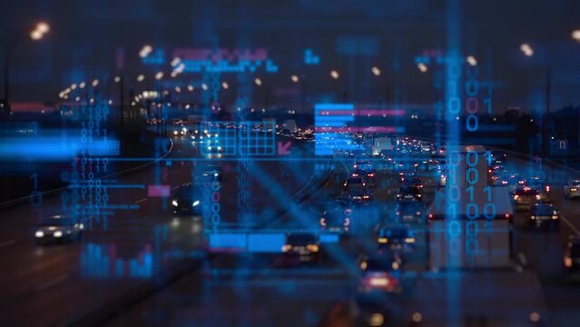 Technology data on night city road background. Communication business connection concept. High quality FullHD footage