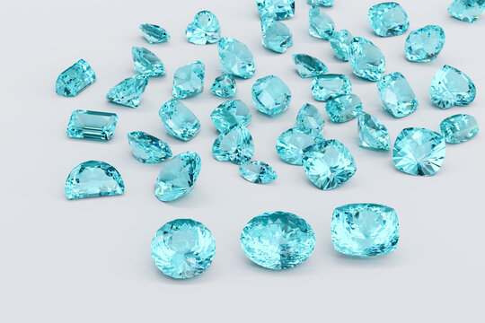 Variously cut Paraiba tourmaline stones on white background
