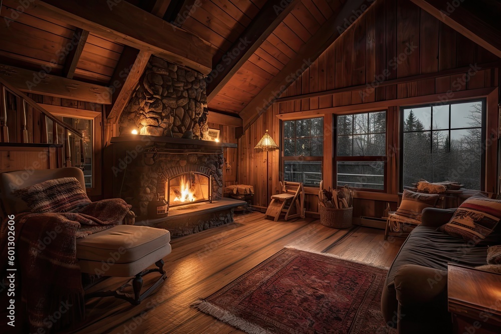 Sticker cozy cabin retreat with open flames and crackling fire in the fireplace, created with generative ai