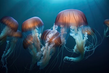 Naklejka premium jellyfish swimming in a school, their tentacles undulating gracefully, created with generative ai