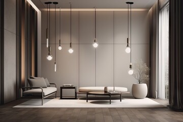 a minimalist room with sleek, modern lighting fixtures and lamps, created with generative ai
