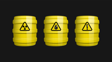 Yellow metal barrels with danger signs. Radiation symbol, oil sign and hazardous substances sign. 3D vector objects