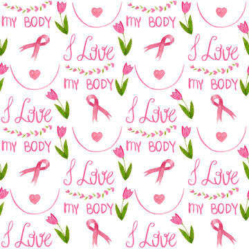 Watercolor pattern for National Breast Cancer Awareness Month on white background for various products etc.