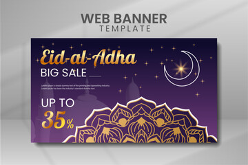 Eid Al Adha Banner Design With Golden Crescent Moon Vector Template