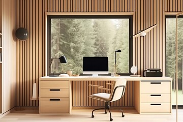 Modern light workroom illustration with wooden paneling.