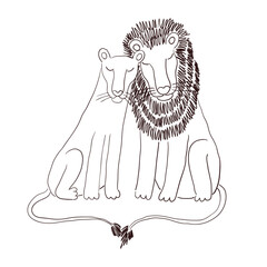 Obraz premium Cute lions together hand drawn cartoon character illustration, sketch. Line art, drawing style design, isolated vector. Tropical animal, jungle wildlife, big cats, safari, nature, print element