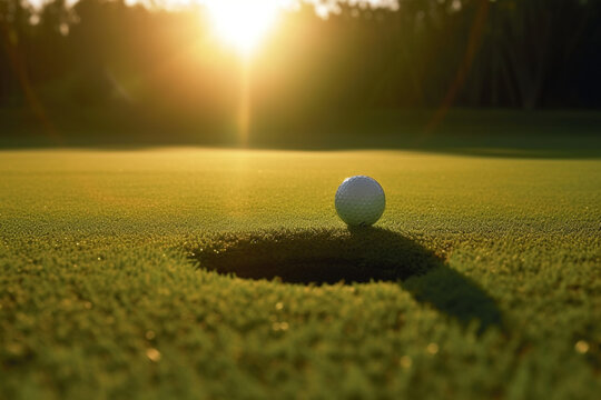 An early morning sun lights up the golf ball as it travels into the hole in the well-manicured grass and golf hole