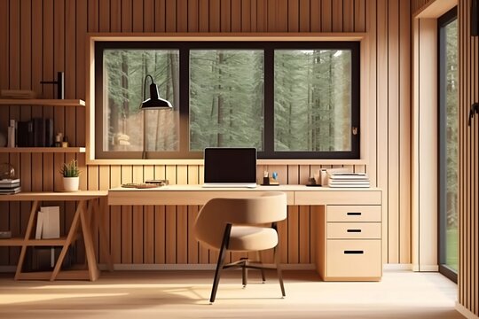 Modern light workroom illustration with wooden paneling.