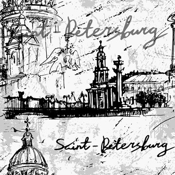 Vector seamless pattern: landmarks of russian city Saint Petersburg. Isaac cathedral , building of cabinet of curiosities and antropological museum with lettering. Design in vintage style.