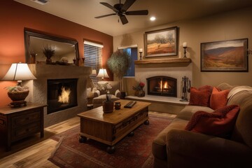 warm and cozy living room with inviting fireplace and plush seating, created with generative ai