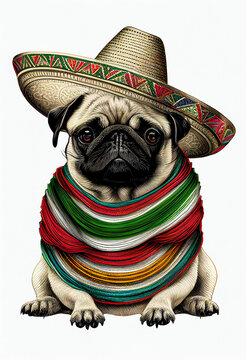 Portrait Of A Dog In A Mexican Outfit And A Sombrero. Genarated AI