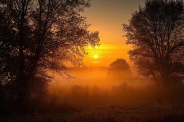 Fototapeta premium autumn sunrise, with sun rising over misty landscape, and silhouettes of trees, created with generative ai