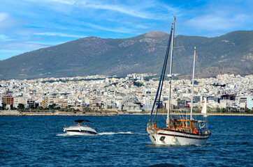 Motor and sail boats going to marina Zeas, Piraeus city, Greece