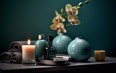 Obraz na płótnie Canvas Blue spa interior decor still life, with orchids and candle, Generative AI
