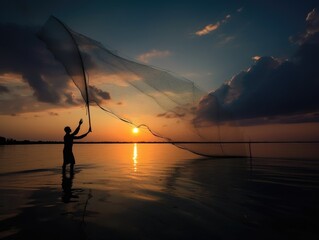 Fisherman Casting Net at Sunset - AI Generated