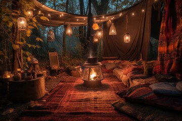 Fototapeta na wymiar a cozy campsite with a warm fire, surrounded by lanterns and blankets, created with generative ai