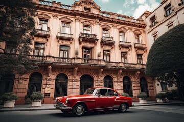 Red Vintage Car Parked in Front of a Charming Old Building - AI Generated