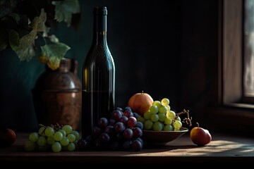 Fototapeta na wymiar Still Life with Fruits and Vintage Wine Bottle - AI Generated