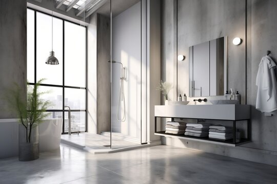 Polished concrete modern loft bathroom with white marble vanity, reeded glass shower, in sunlight for interior design. Ai Generated.